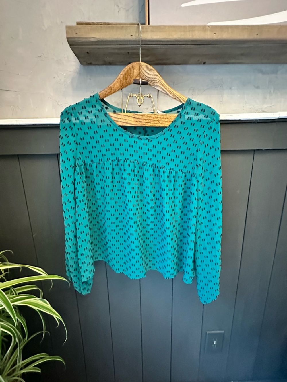 Merona Printed Blouse Women’s Medium Teal Black Long Sleeve Business Casual Top‎